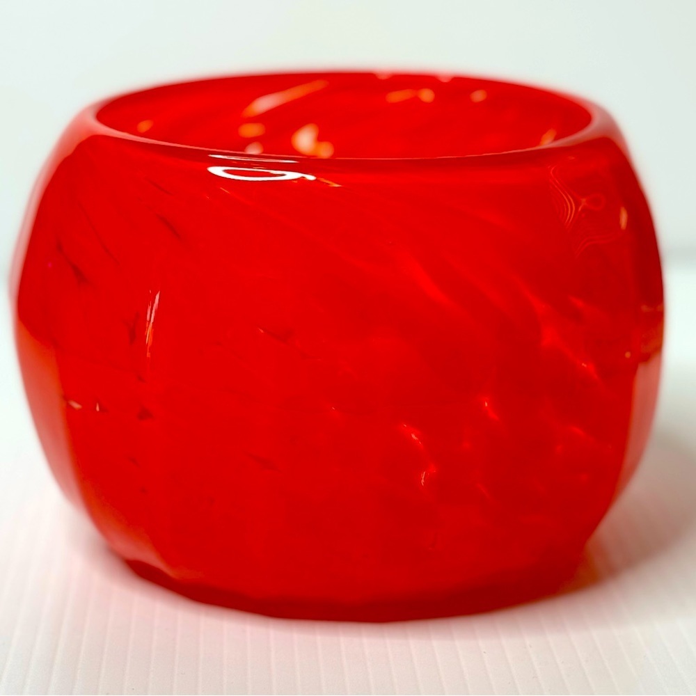 Decorative Hand Blown Studio Glass Art Bowl, Red Orange Swirl Etched Signature
